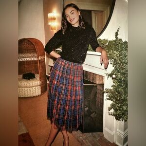 Talbots Petites 100% Wool Pleated Navy Red Tartan Plaid Midi Skirt 6P